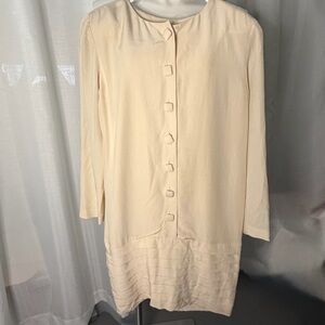 Vintage 90s Ivory Silk‎ Shift Dress Covered Buttons Minimalist Cocktail Size 4